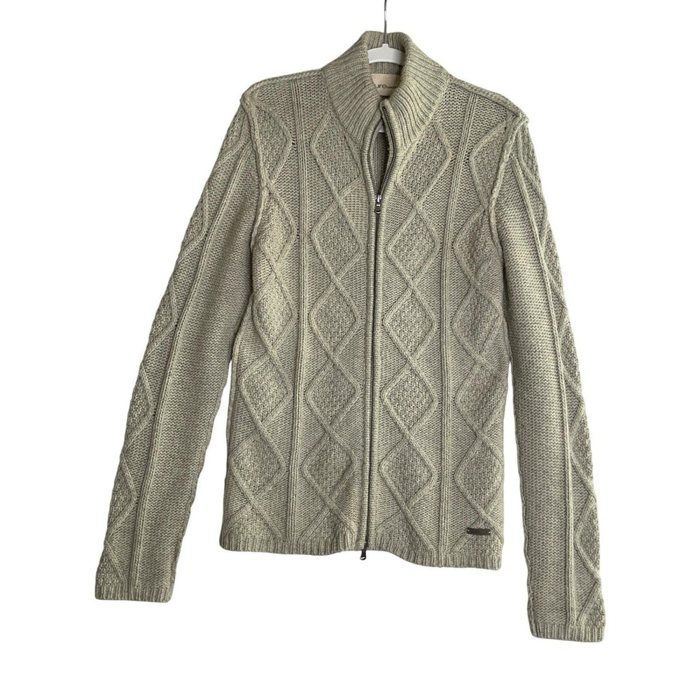 Pure DKNY Wool Angora Blend Fisherman Cable Knit Zip Up Sweater Heritage Classic